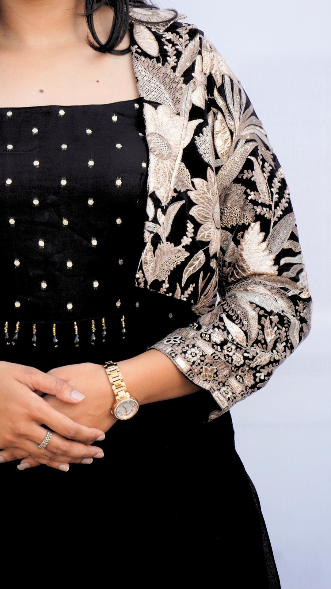 Black Georgette Crop Top Plazzo Set with Golden Work Jacket