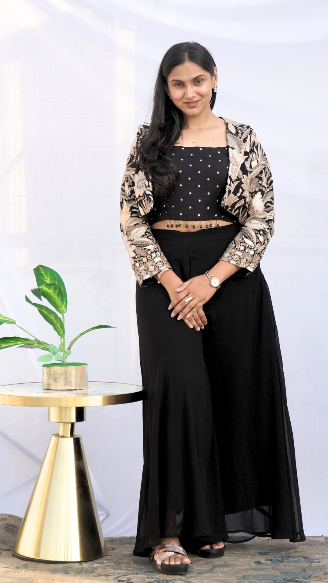Black Georgette Crop Top Plazzo Set with Golden Work Jacket
