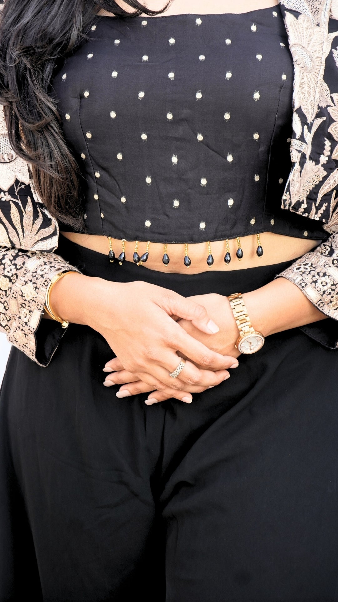 Black Georgette Crop Top Plazzo Set with Golden Work Jacket