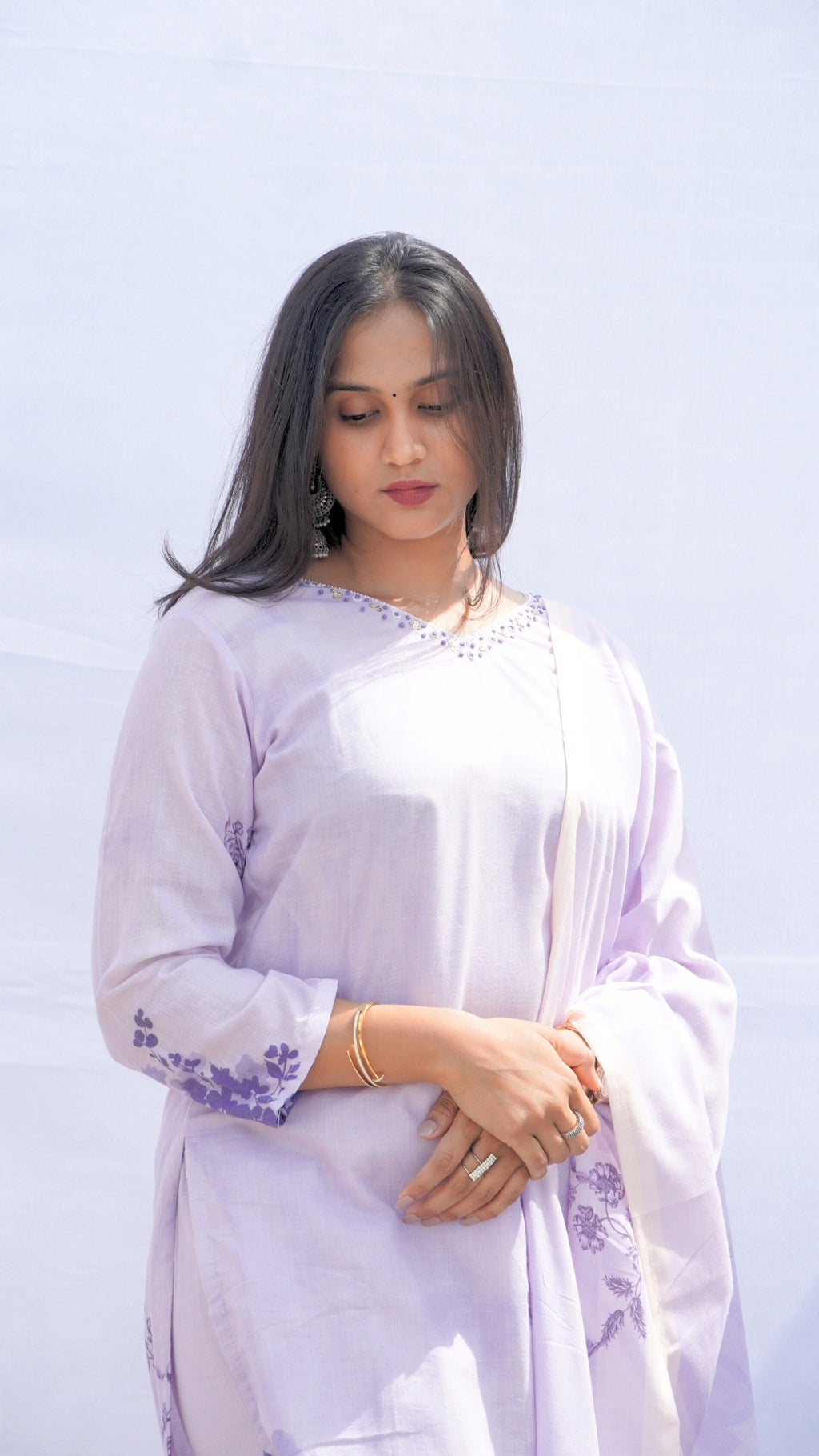 Pure Mul Cotton 3-Piece Kurta Set with Pearl Work