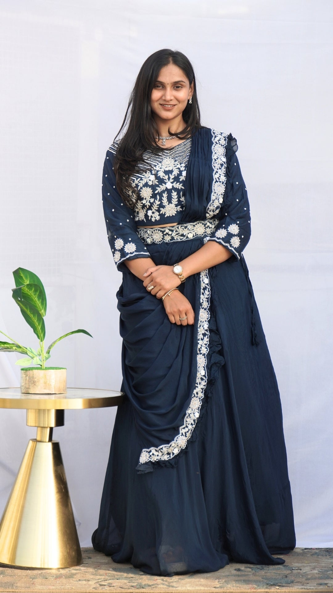 Royal Blue Pure Chinnon Crop Top Skirt Partywear Dress with Draped Dupatta – Zardosi & Cutdana Embroidered Gown