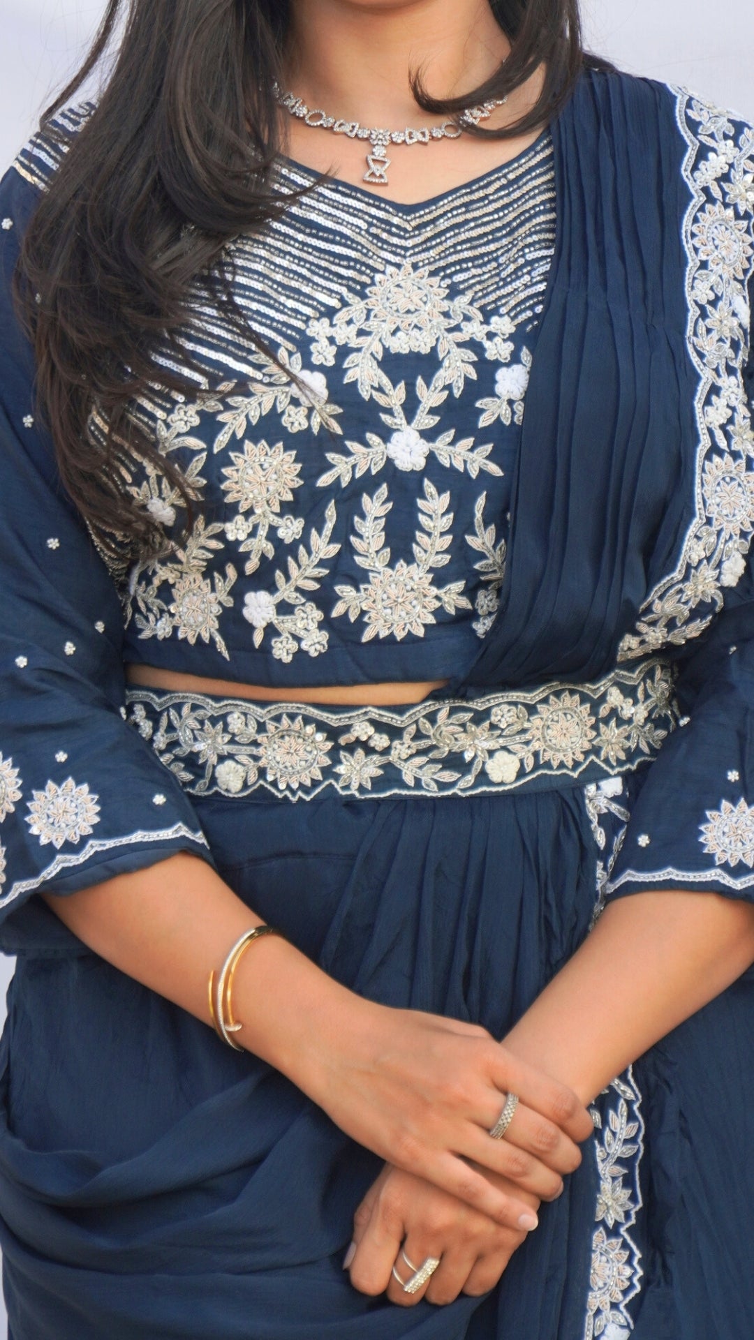 Royal Blue Pure Chinnon Crop Top Skirt Partywear Dress with Draped Dupatta – Zardosi & Cutdana Embroidered Gown