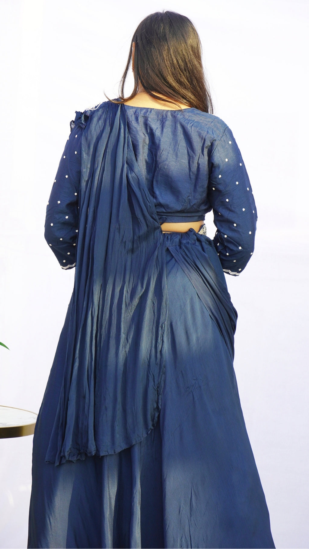 Royal Blue Pure Chinnon Crop Top Skirt Partywear Dress with Draped Dupatta – Zardosi & Cutdana Embroidered Gown