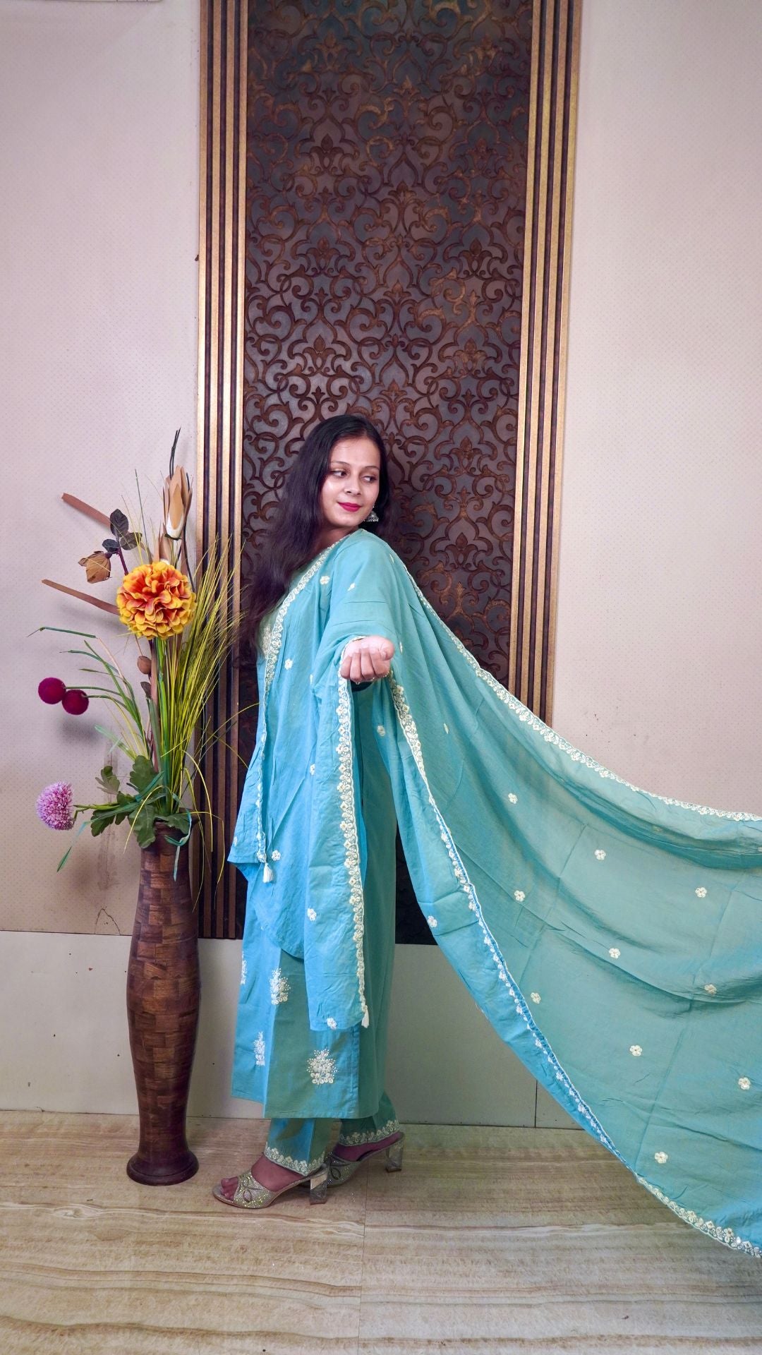 Sea Green Mal Cotton Heavy Embroidered Dupatta Set – Elegant Ethnic Accessory for Special Occasions
