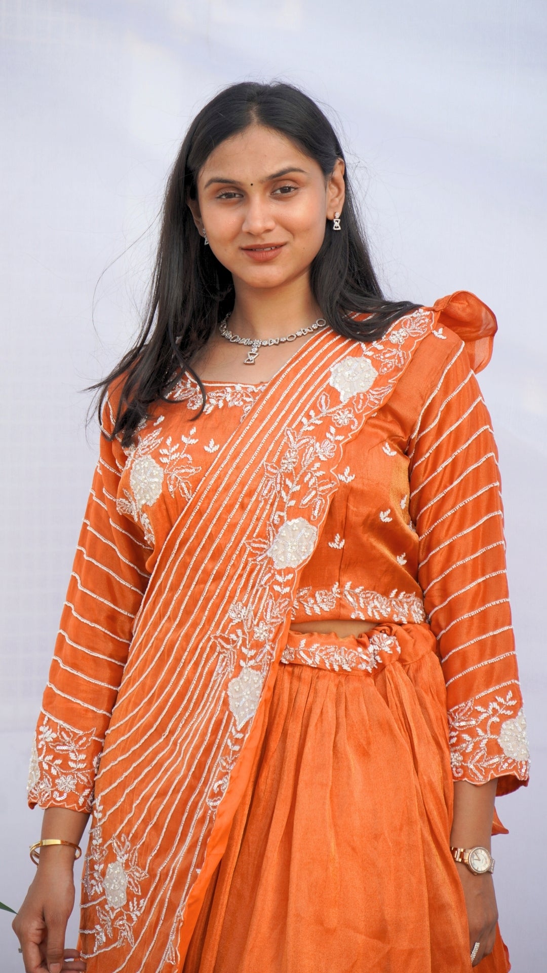 Rust Tissue Shimmer Silk Crop Top Skirt Partywear Dress with Draped Dupatta