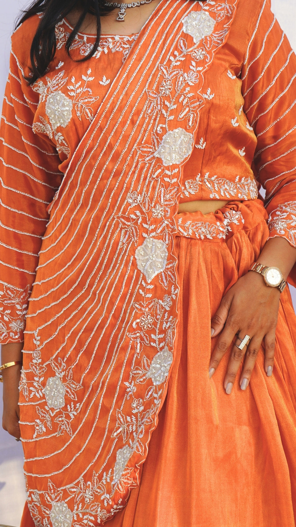 Rust Tissue Shimmer Silk Crop Top Skirt Partywear Dress with Draped Dupatta