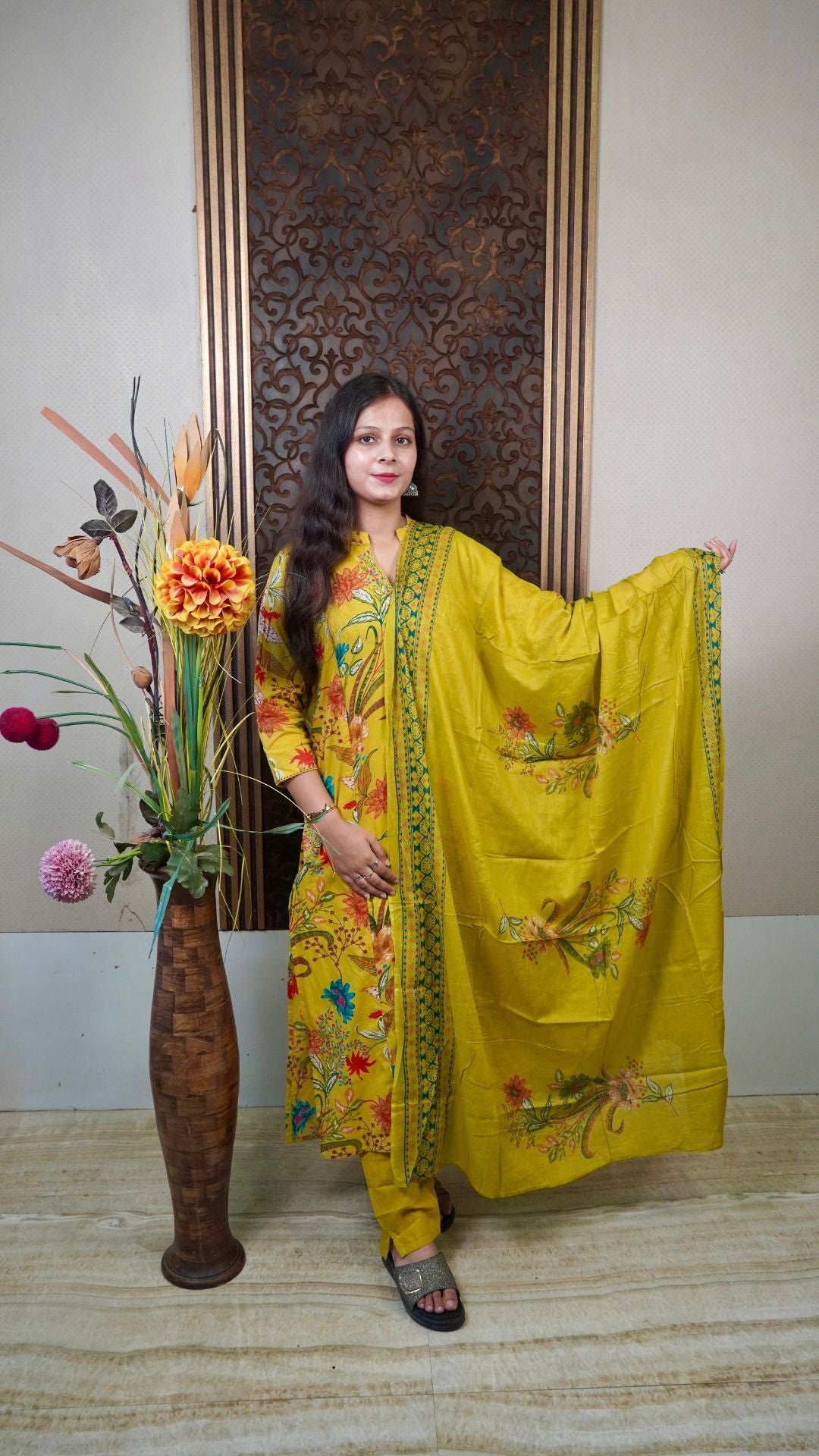 Elegant Mustard Floral Angrakha Dupatta Set – Traditional Charm Meets Modern Comfort