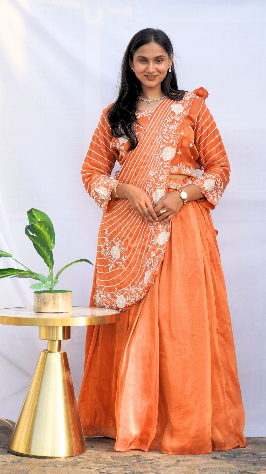 Rust Tissue Shimmer Silk Crop Top Skirt Partywear Dress with Draped Dupatta