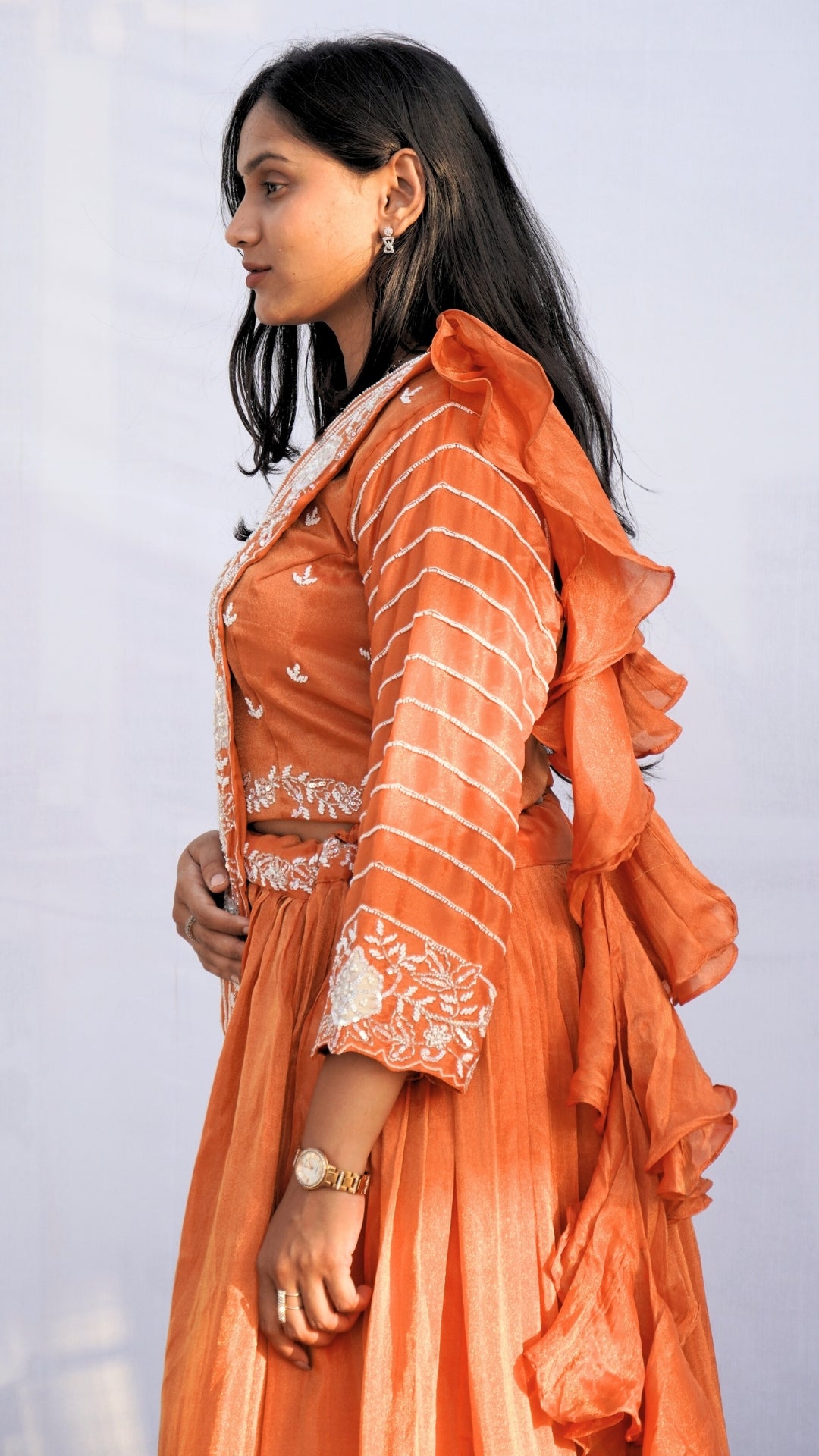 Rust Tissue Shimmer Silk Crop Top Skirt Partywear Dress with Draped Dupatta