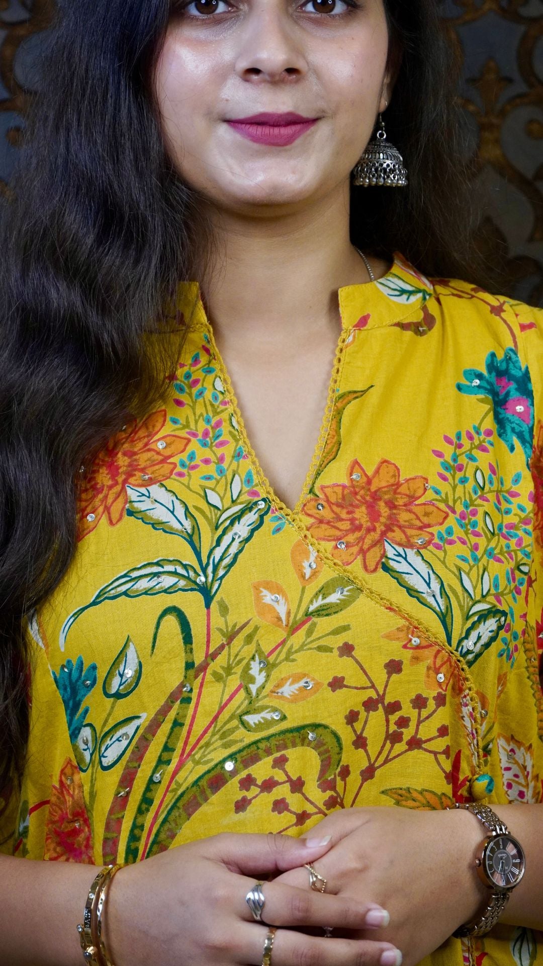 Elegant Mustard Floral Angrakha Dupatta Set – Traditional Charm Meets Modern Comfort