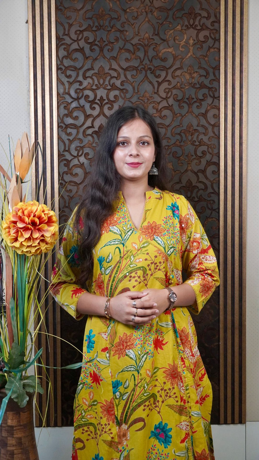 Elegant Mustard Floral Angrakha Dupatta Set – Traditional Charm Meets Modern Comfort