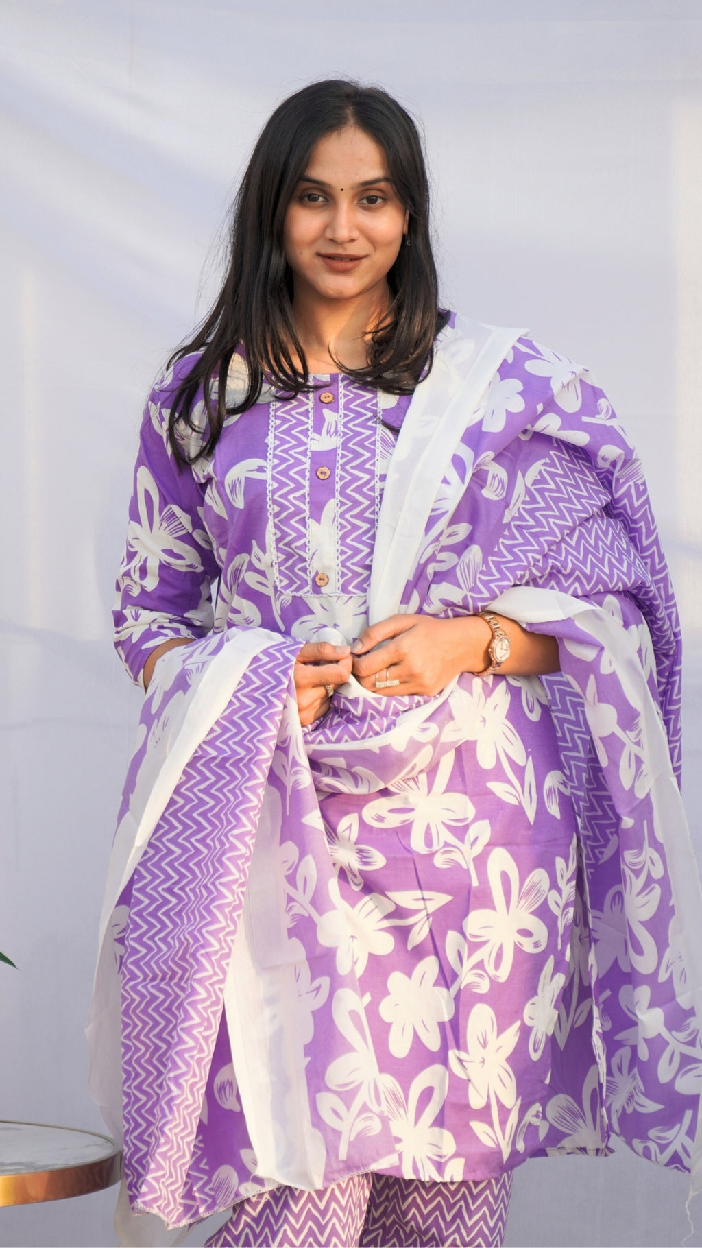 Lavender Floral Print Dupatta Set in Fancy Fabric