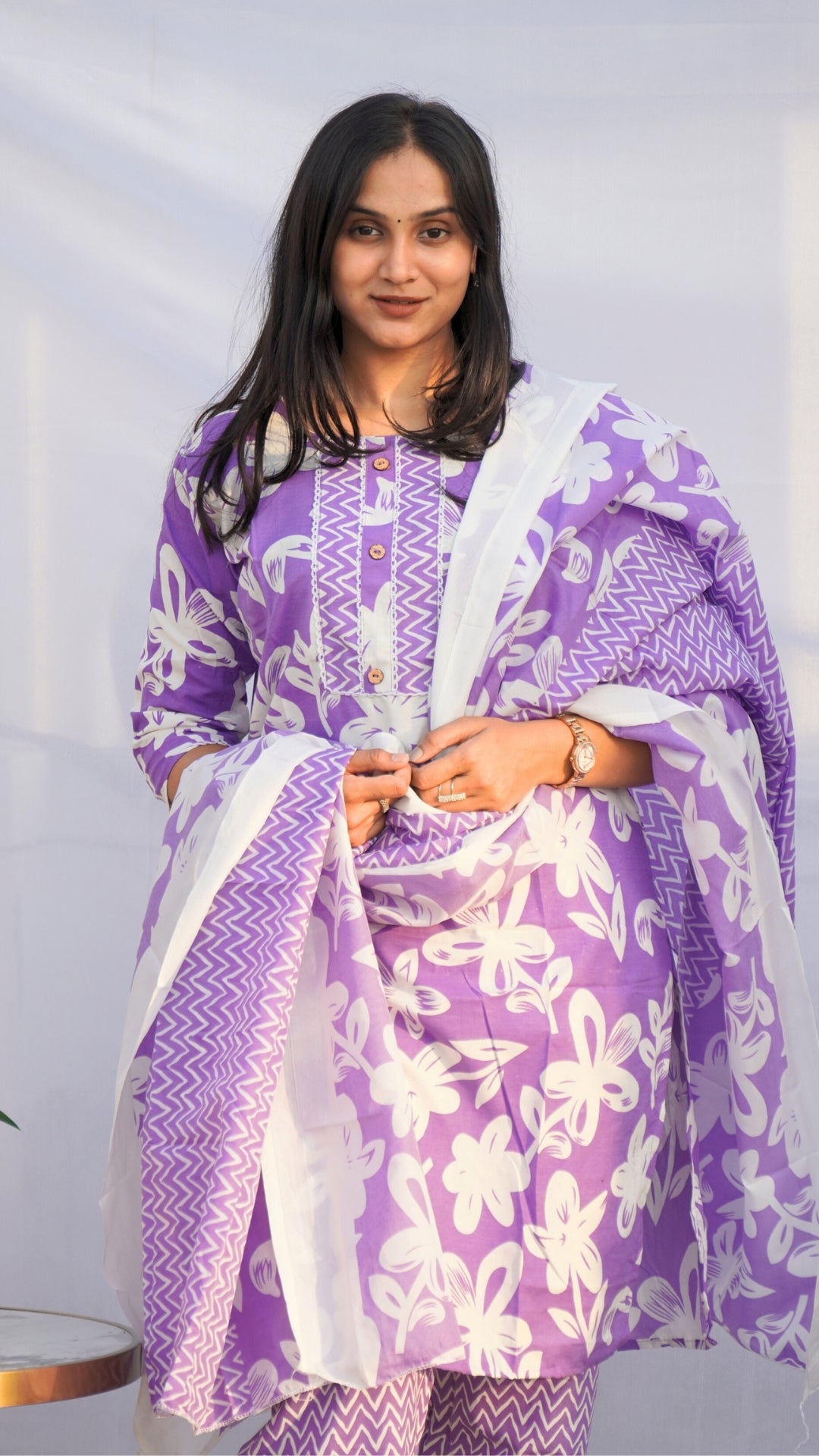 Lavender Floral Print Dupatta Set in Fancy Fabric