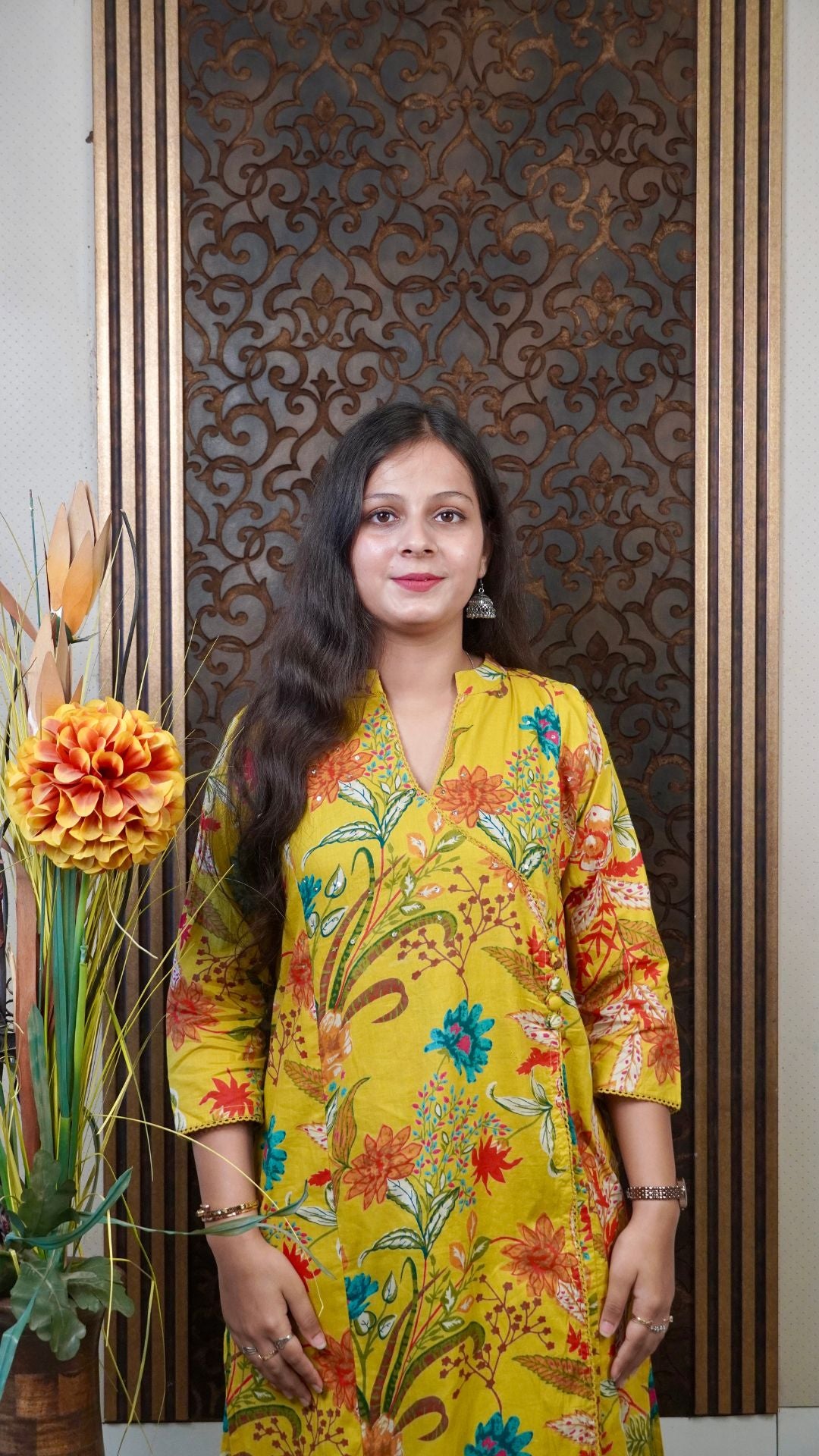Elegant Mustard Floral Angrakha Dupatta Set – Traditional Charm Meets Modern Comfort