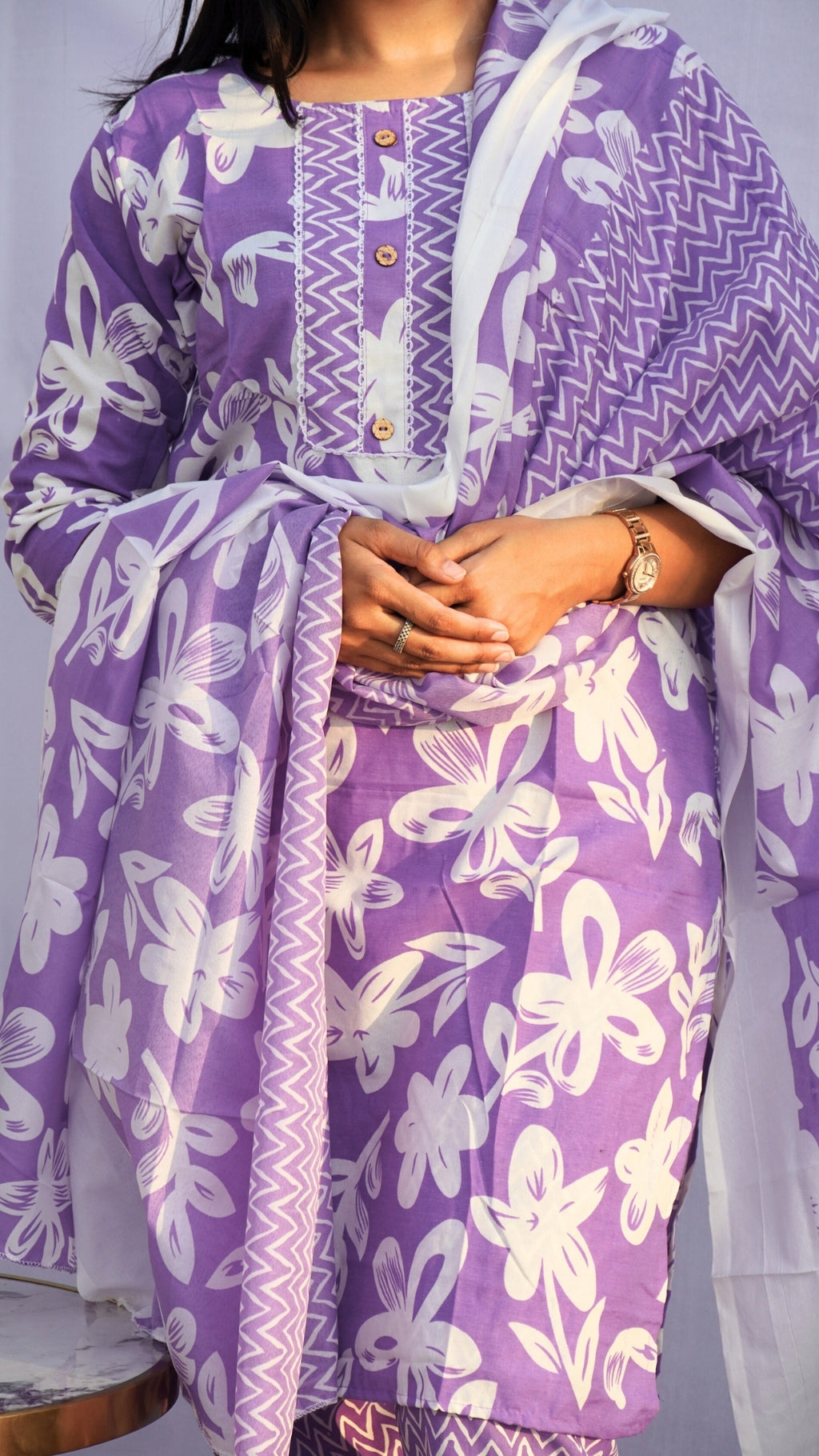 Lavender Floral Print Dupatta Set in Fancy Fabric