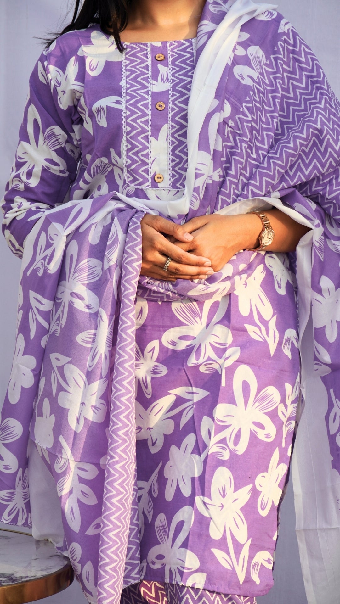 Lavender Floral Print Dupatta Set in Fancy Fabric