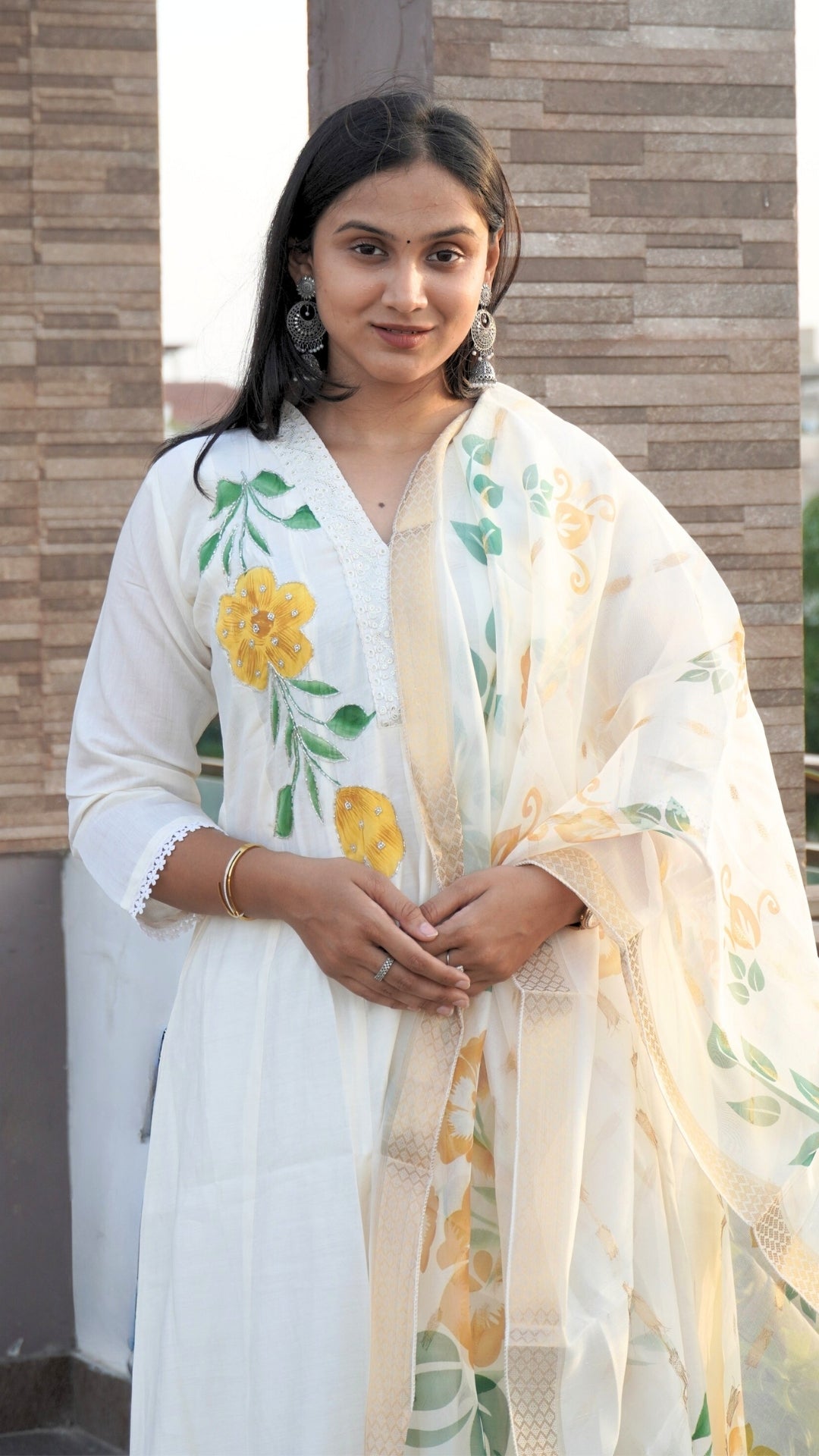 White Hand-Painted Cutdana A-Line Anarkali Set with Organza Zari Border Dupatta