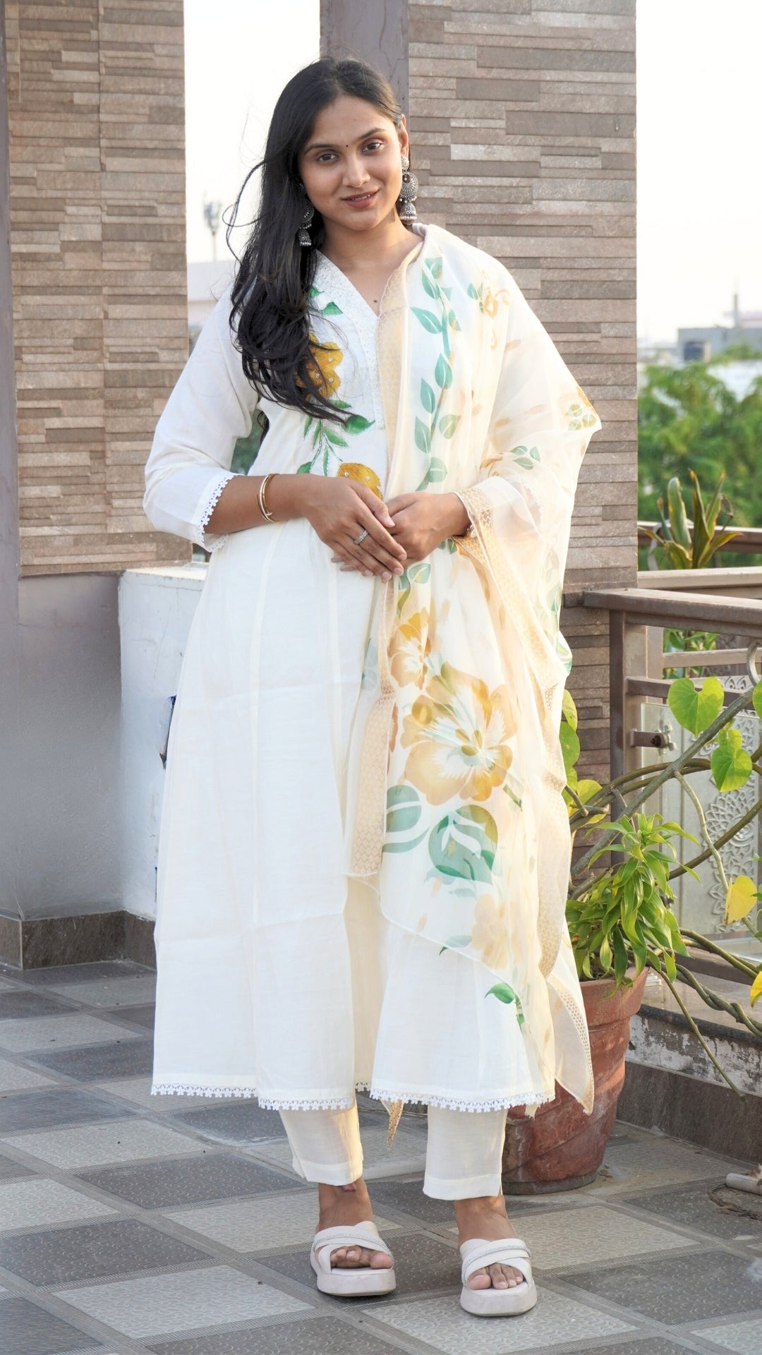 White Hand-Painted Cutdana A-Line Anarkali Set with Organza Zari Border Dupatta