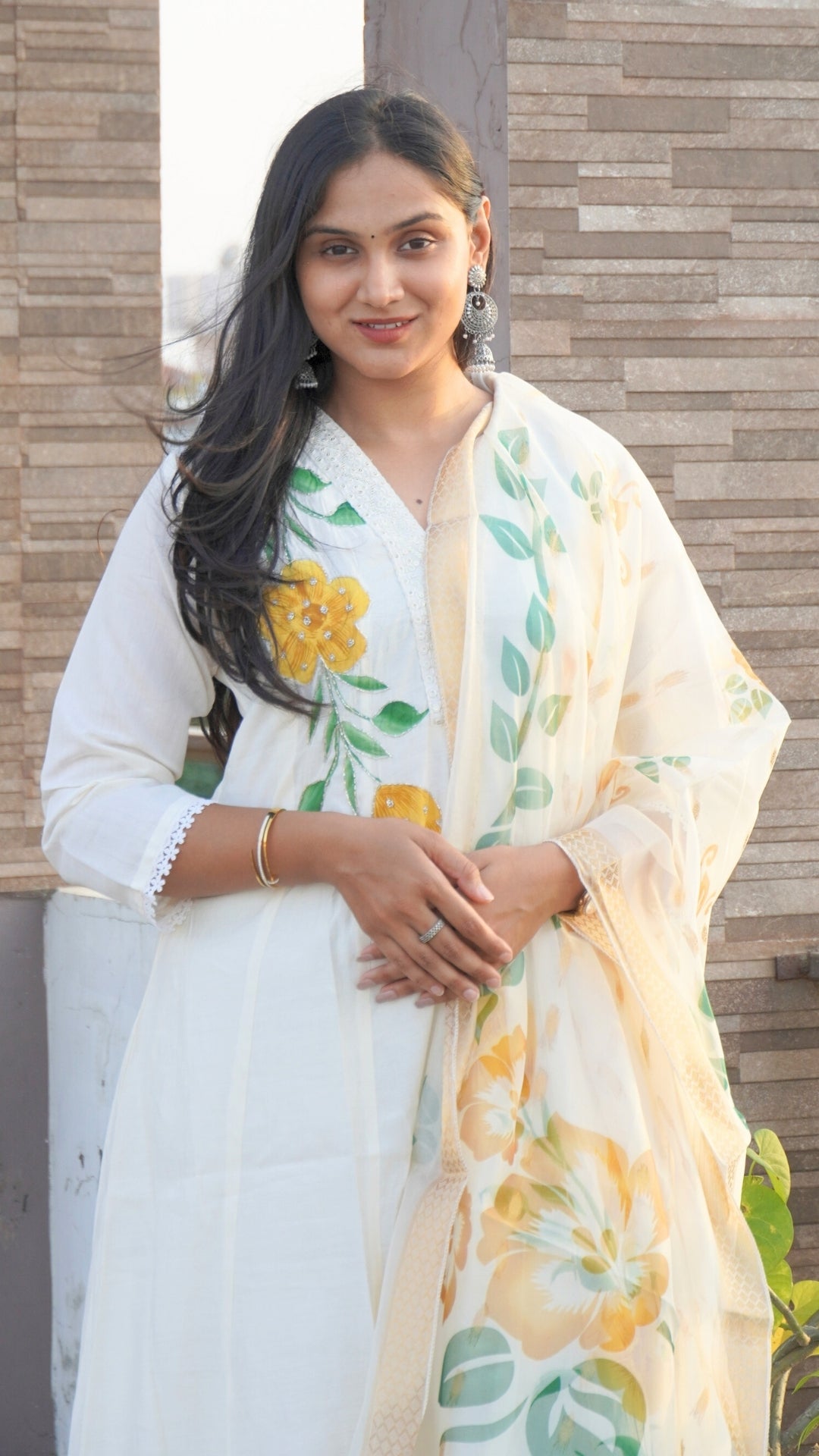 White Hand-Painted Cutdana A-Line Anarkali Set with Organza Zari Border Dupatta