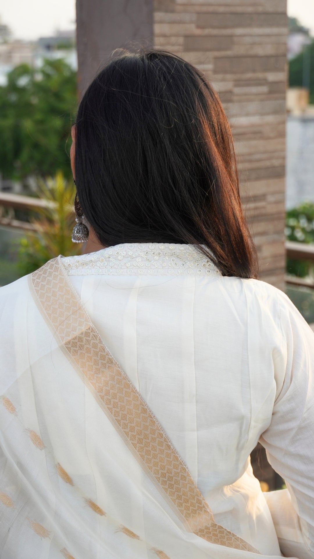White Hand-Painted Cutdana A-Line Anarkali Set with Organza Zari Border Dupatta