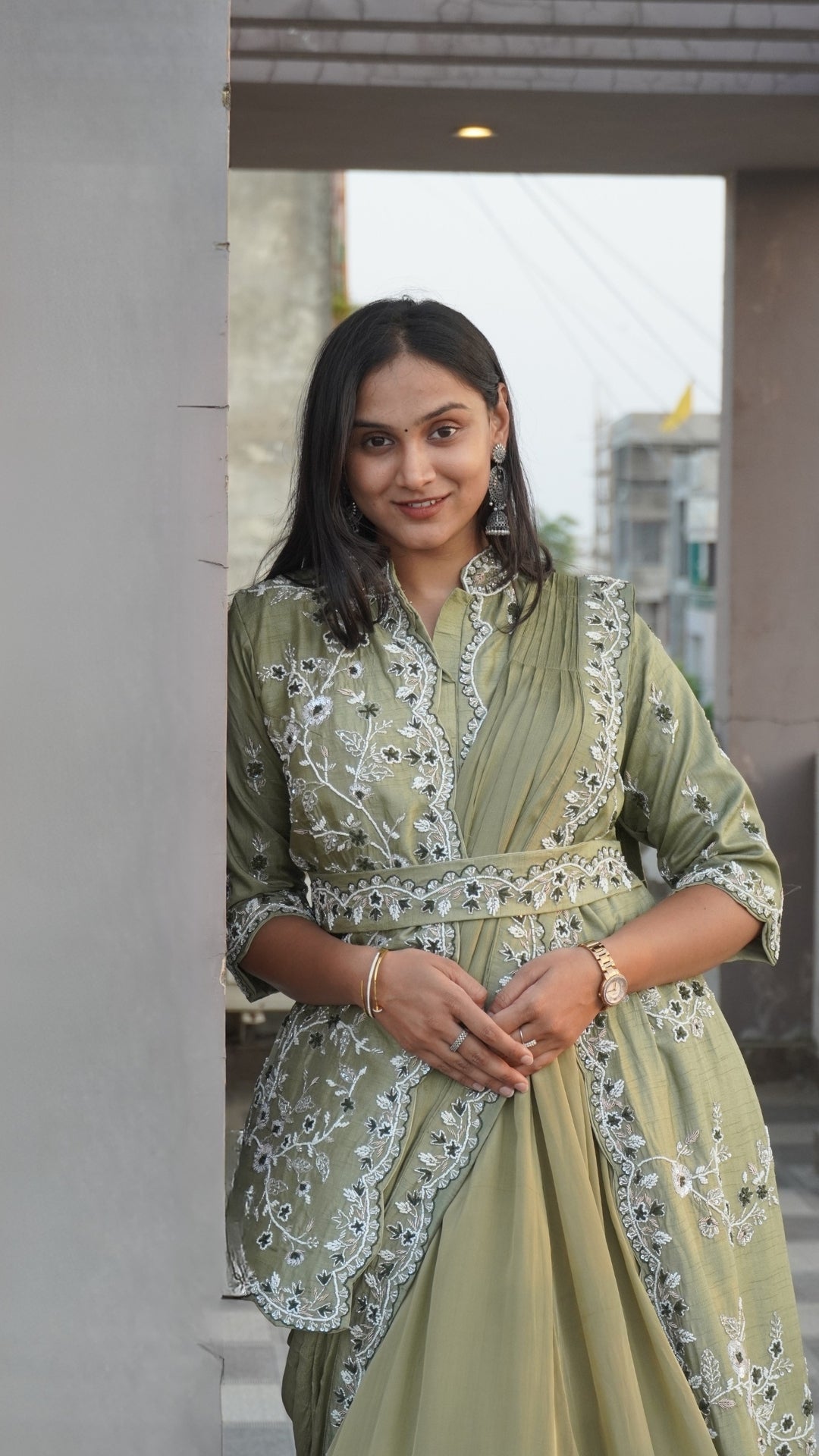 Pastel Green Pure Chinnon Partywear Gown with Draped Dupatta
