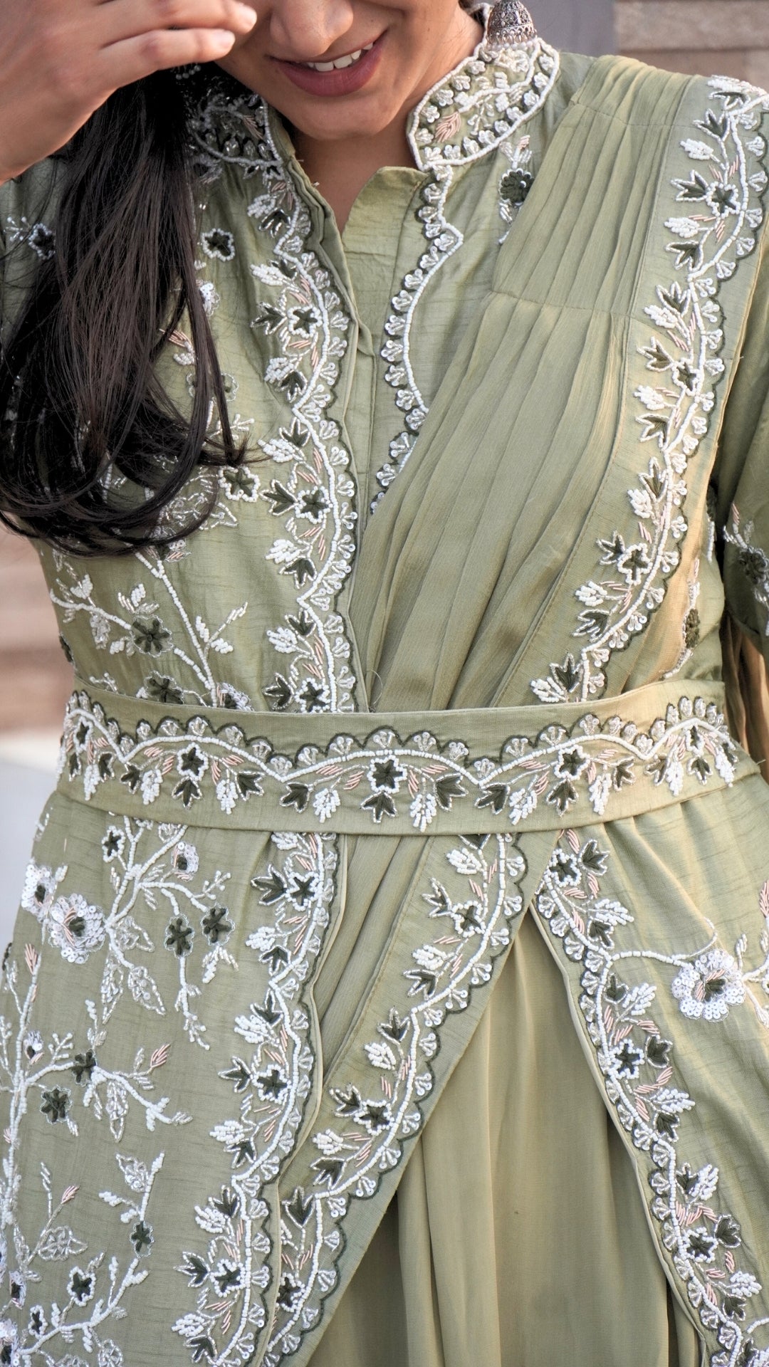 Pastel Green Pure Chinnon Partywear Gown with Draped Dupatta