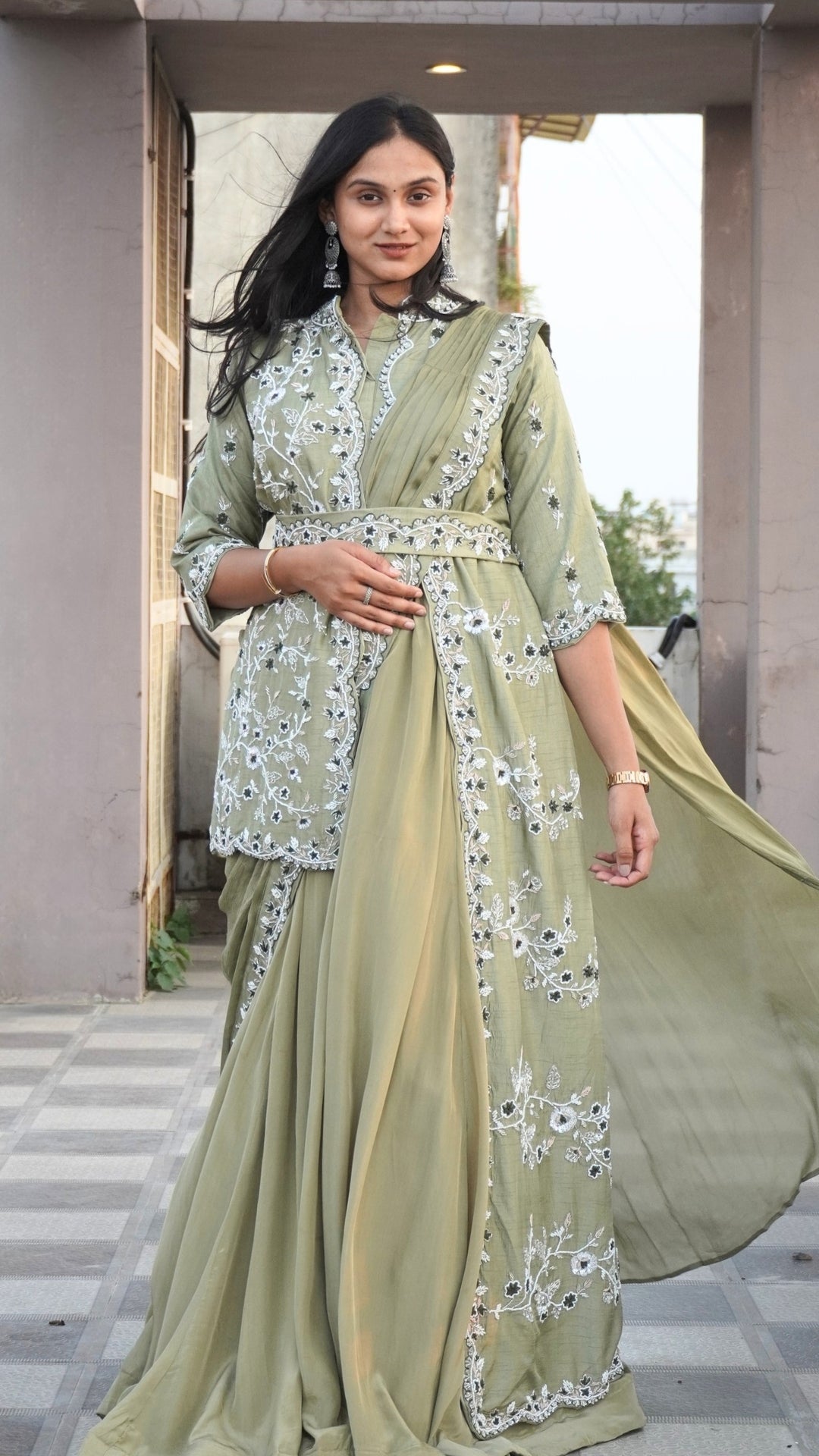 Pastel Green Pure Chinnon Partywear Gown with Draped Dupatta