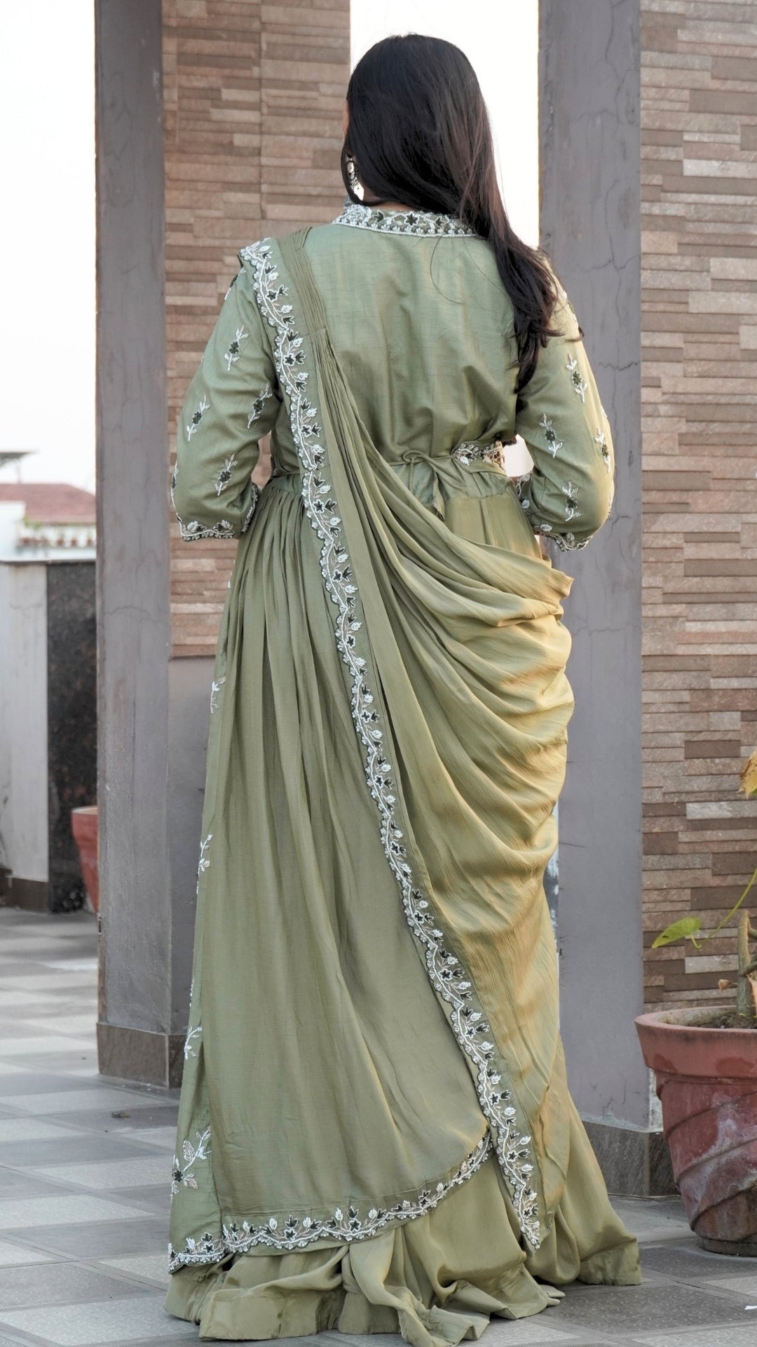 Pastel Green Pure Chinnon Partywear Gown with Draped Dupatta