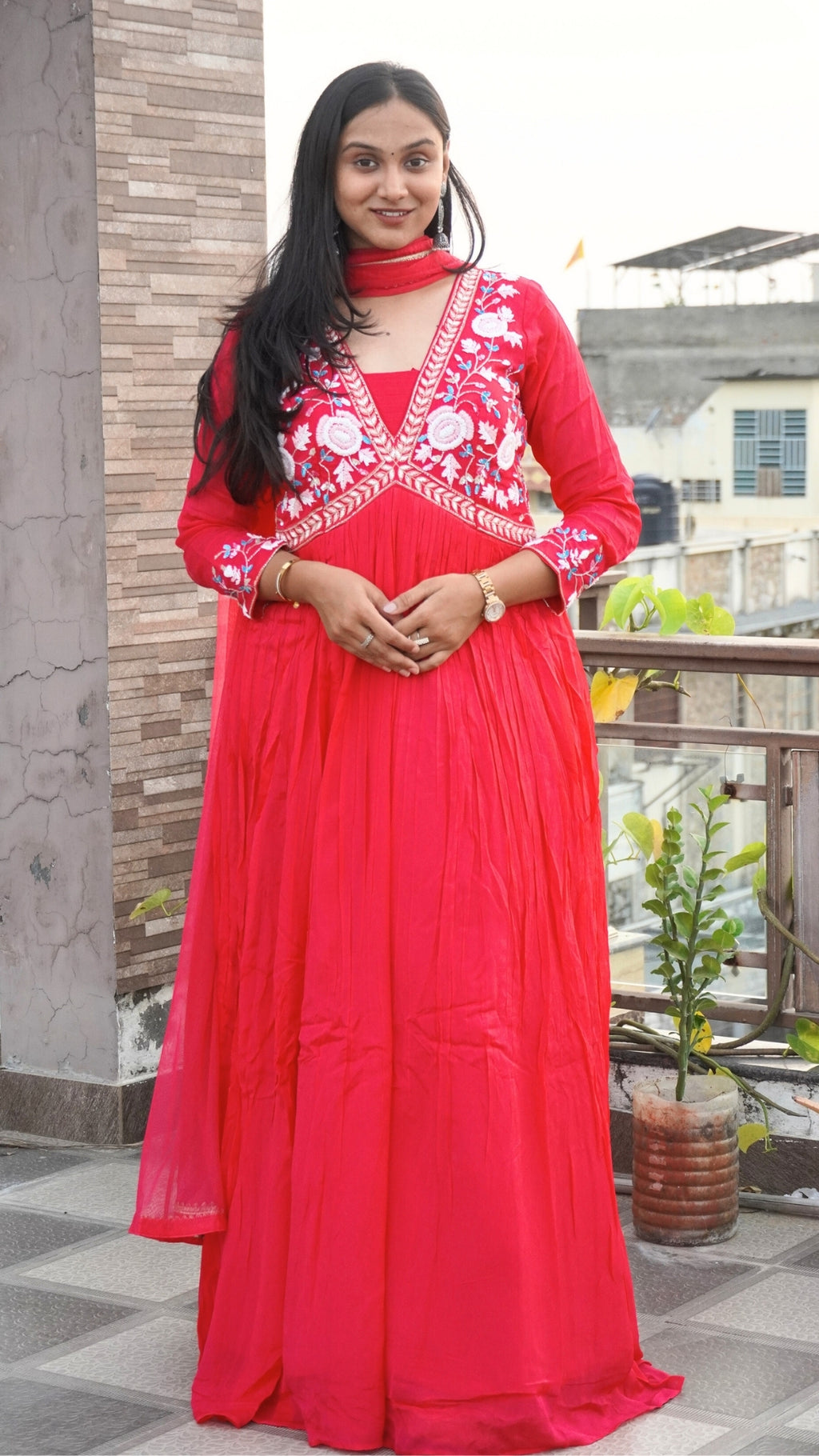 Hot Pink Pure Chinnon Partywear Gown with Dupatta – Thread & Pearl Embroidered Festive Dress for Women