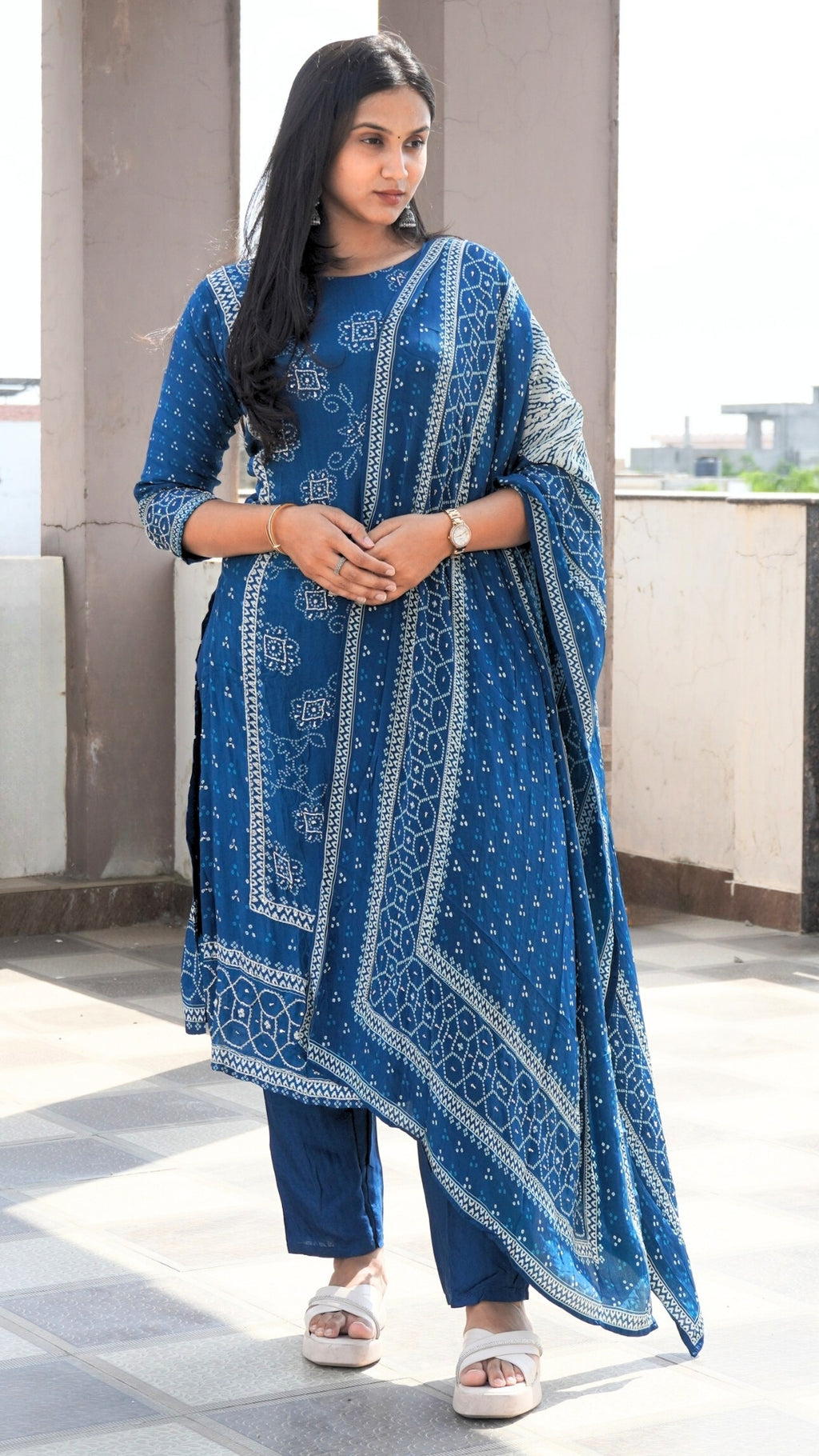 Pure Italian Silk 3-Piece Bandhani Kurta Set with Sequin Work