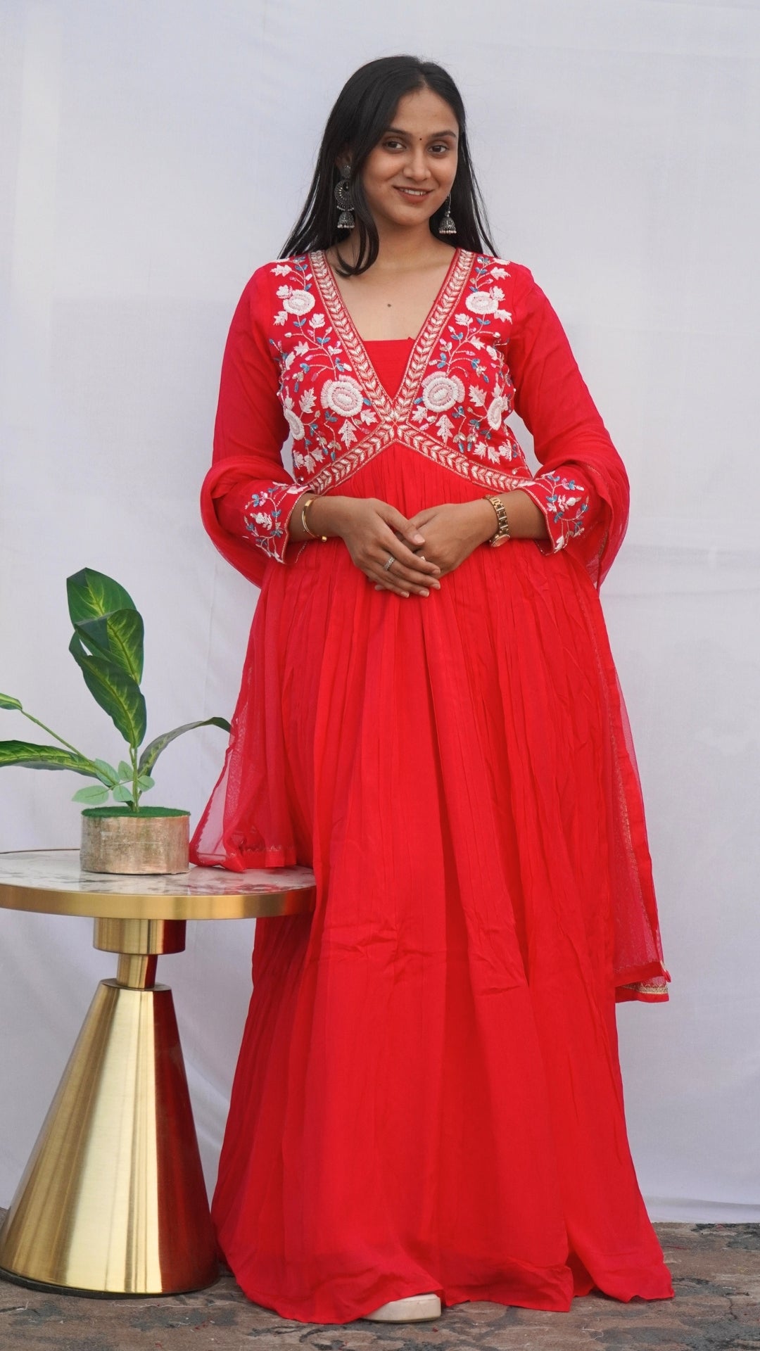 Hot Pink Pure Chinnon Partywear Gown with Dupatta – Thread & Pearl Embroidered Festive Dress for Women